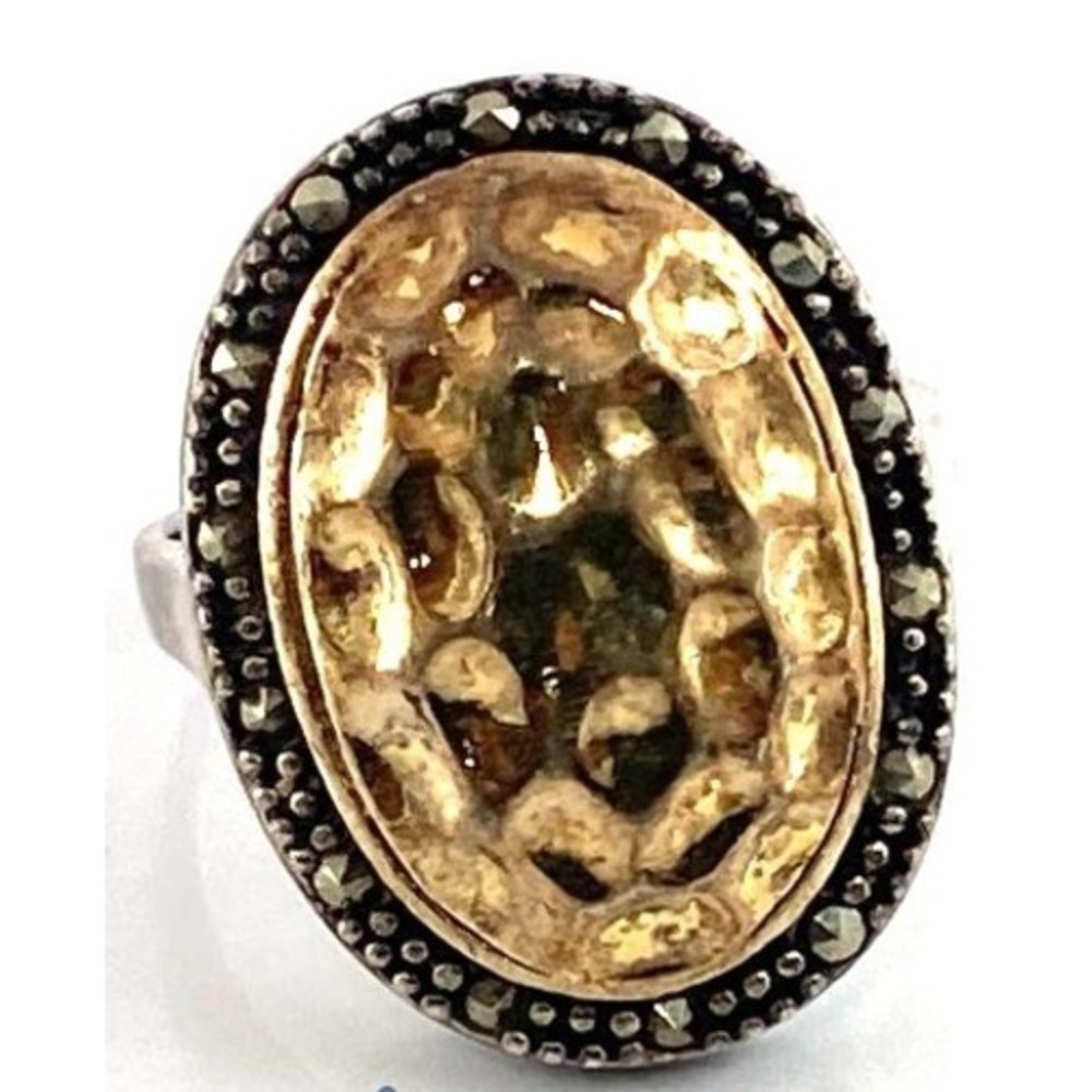 Vintage Sterling Silver Marcasite Hammered Dome Statement Ring Size 8.5
